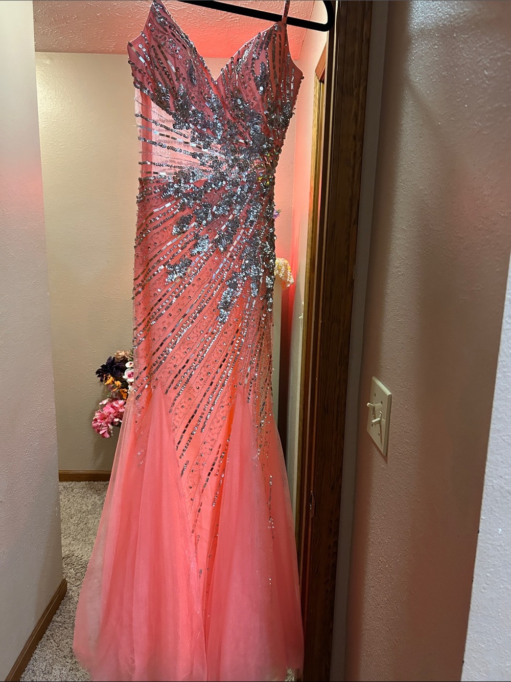 Mac Duggal Coral Pink Sequin Sheer Bodice Prom Gown